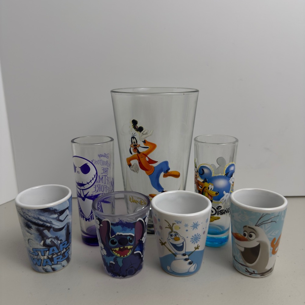 Disney Glassware Lot Pint Shot Glass Goofy Mickey Jack Olaf Stitch Star Wars 7pc